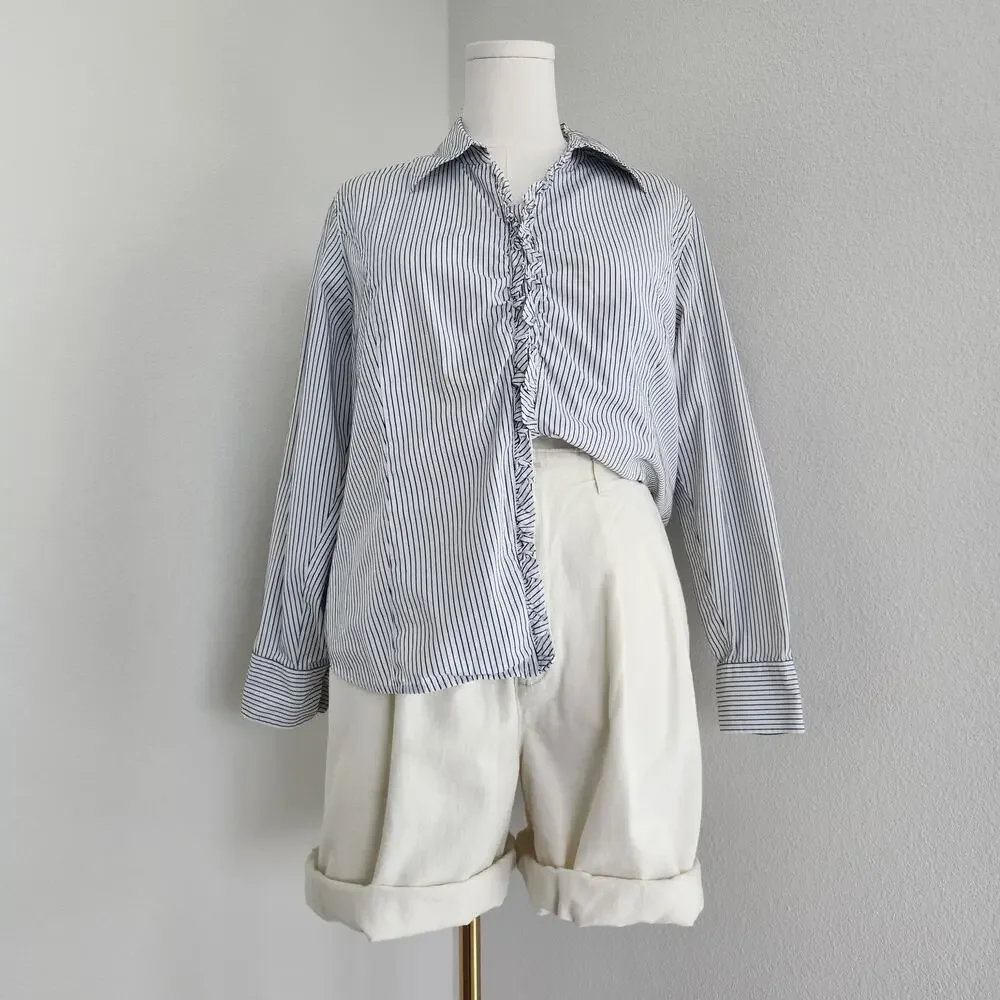 Vintage Y2K White Blue Striped Ruffle Button Down Long Sleeve Shirt Talbots L XL
